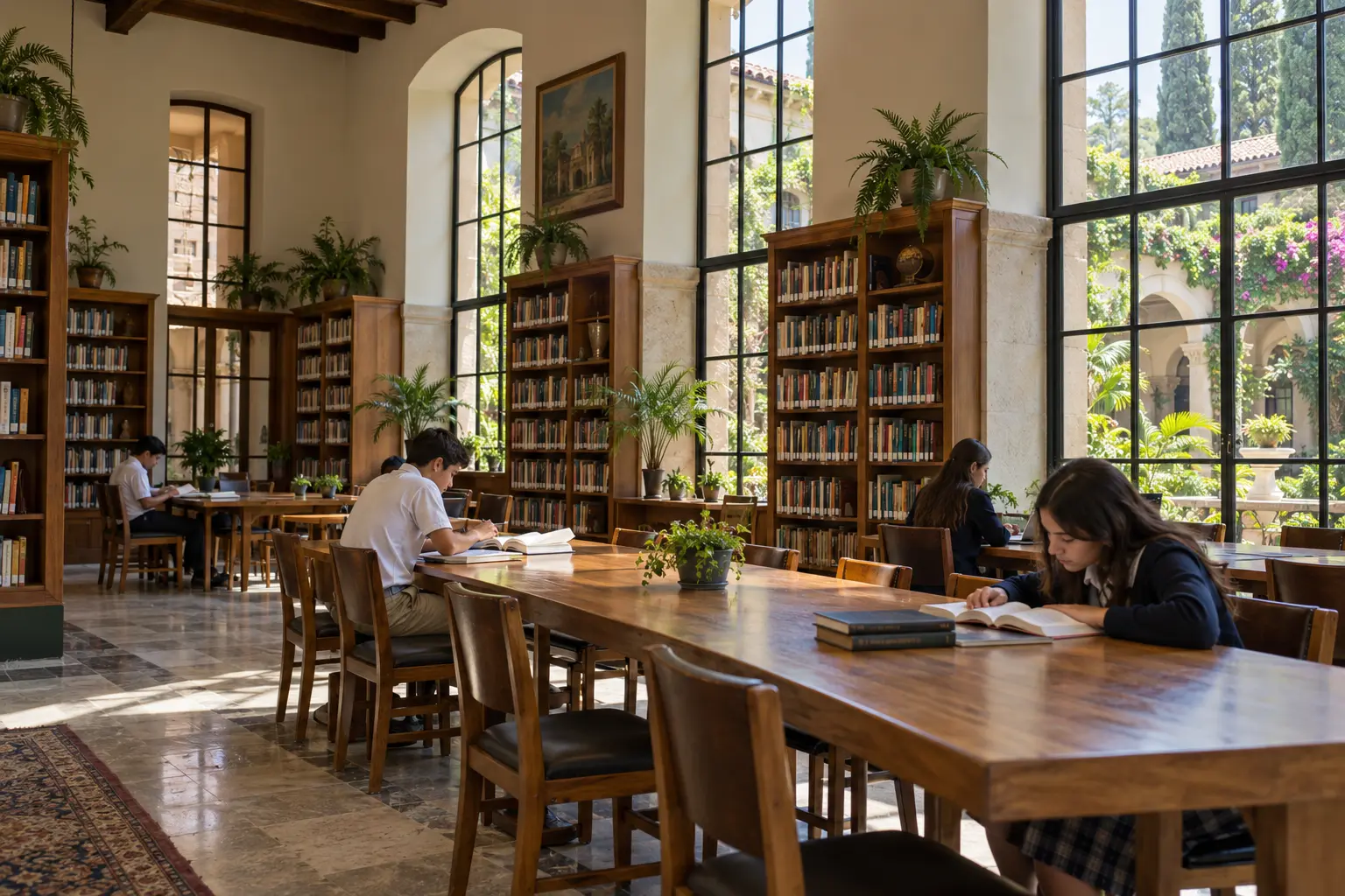 Biblioteca escolar con grandes ventanales, mesas de madera y estudiantes leyendo