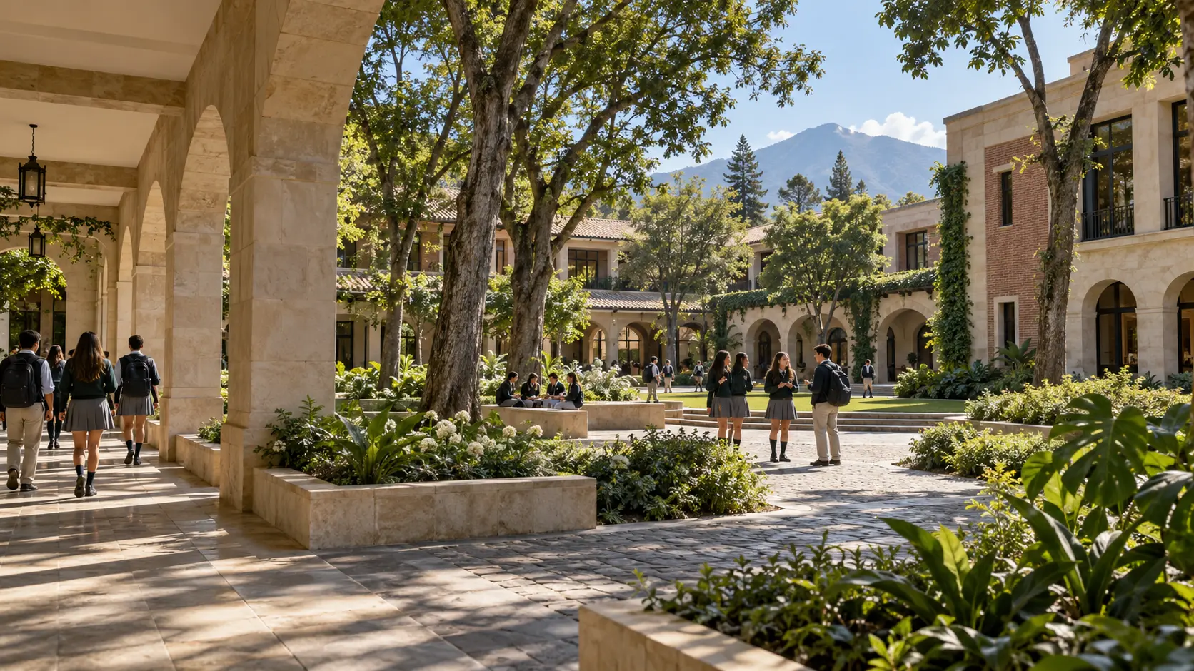 Campus ficticio con corredores de piedra, patios arbolados y estudiantes