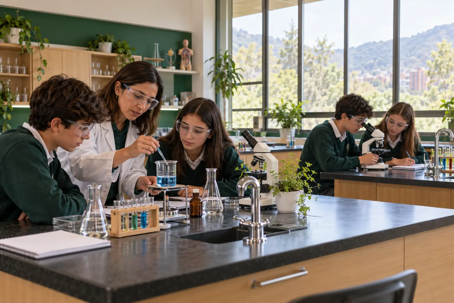 Laboratorio de ciencias ficticio con docente y estudiantes trabajando