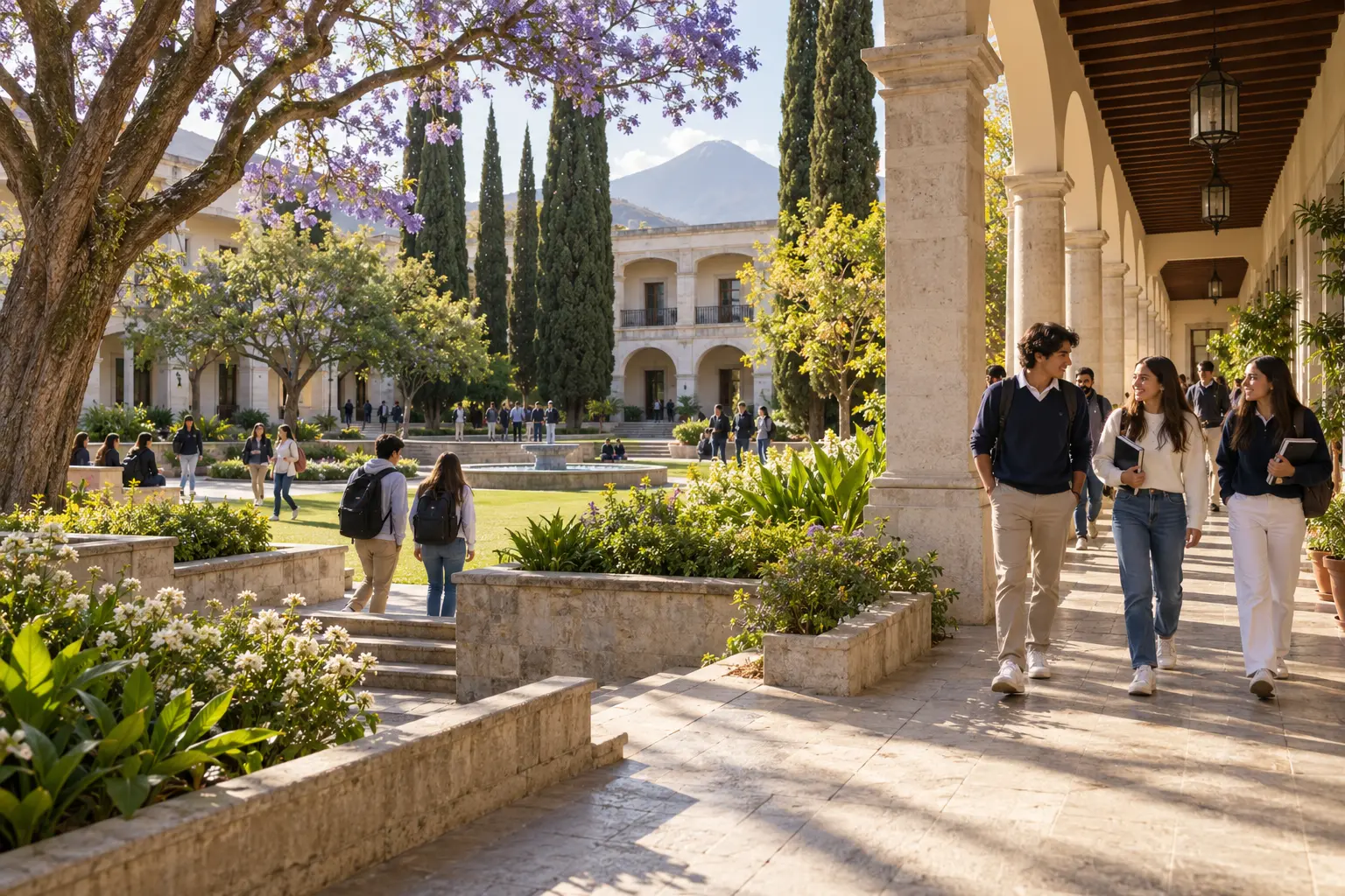 Patio arbolado y corredor cubierto con estudiantes caminando